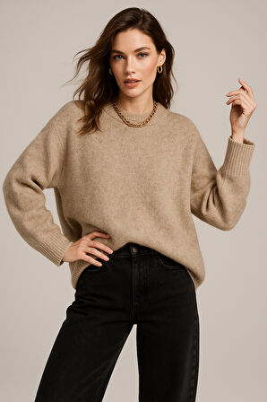 Kadın Bej Yumuşak Dokulu Basic Uzun Kollu Triko Kazak