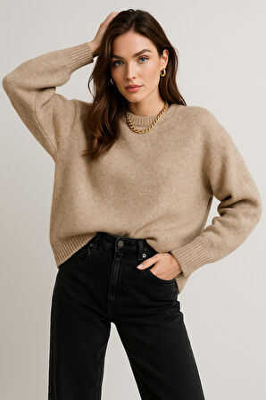 Kadın Bej Yumuşak Dokulu Basic Uzun Kollu Triko Kazak