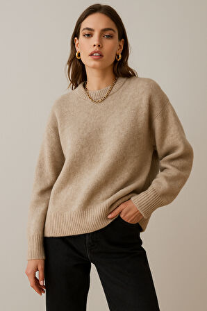 Kadın Bej Yumuşak Dokulu Basic Uzun Kollu Triko Kazak