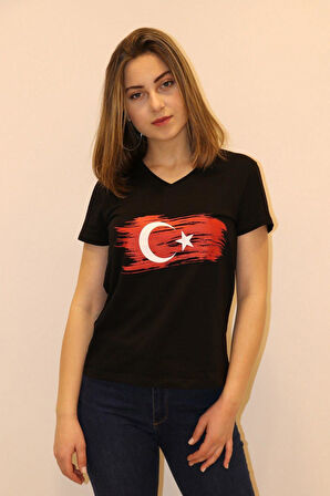 Rich Kadın V Yaka T-shirt %100 Pamuk Tişört