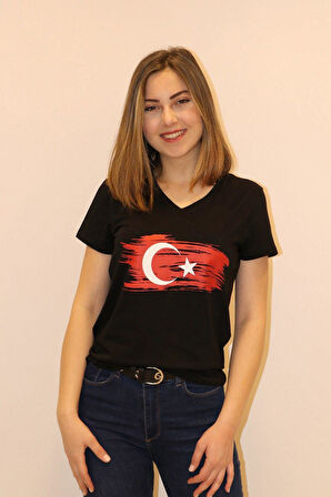 Rich Kadın V Yaka T-shirt %100 Pamuk Tişört