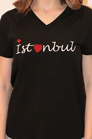 Rich Kadın V Yaka T-shirt %100 Pamuk Tişört