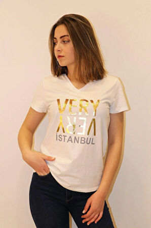 Rich Kadın V Yaka T-shirt %100 Pamuk Tişört