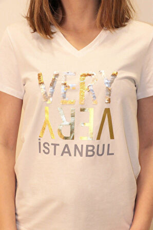 Rich Kadın V Yaka T-shirt %100 Pamuk Tişört