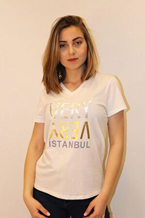 Rich Kadın V Yaka T-shirt %100 Pamuk Tişört