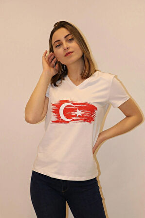 Rich Kadın V Yaka T-shirt %100 Pamuk Tişört