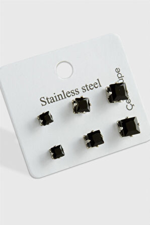 6 Adet Kare Zirkon Tek Taşlı Çelik Küpe