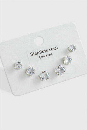 6 Adet Kare Zirkon Tek Taşlı Çelik Küpe ( Büyük Kare )