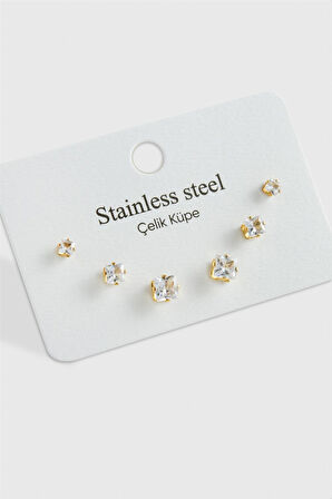 6 Adet Kare Zirkon Tek Taşlı Çelik Küpe
