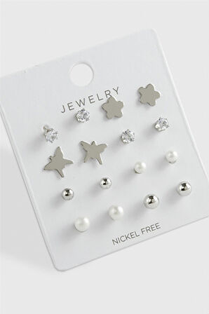 16 Adet İnci Zirkon Tek Taşlı Çelik Küpe