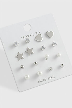 16 Adet İnci Zirkon Tek Taşlı Çelik Küpe