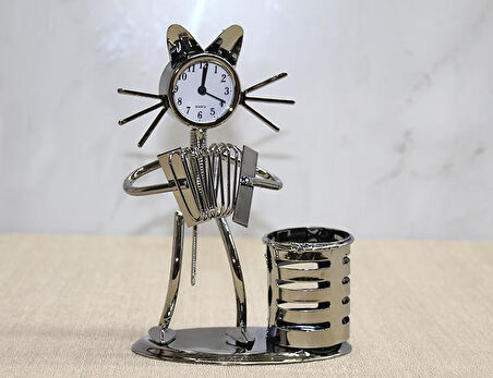Metal Akordiyon Çalan Müzisyen Kedi Müzisyen Saat Ve Kalemlik