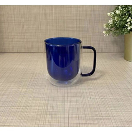 Çift Cidarlı Cam Kupa Lacivert Renk