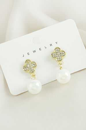 Çiçek Taşlı İnci Küpe