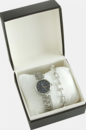 Metal Bayan Kol Saati ve Kutulu Bileklik Kombini