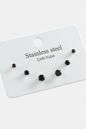 6 Adet Yuvarlak Zirkon Tek Taşlı Çelik Küpe