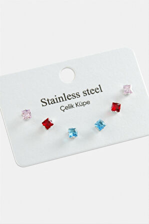 6 Adet Kare Zirkon Tek Taşlı Çelik Küpe