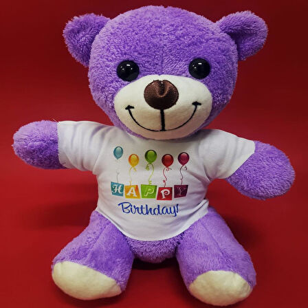 Happy Birthday Tişörtlü Peluş Mor Ayıcık