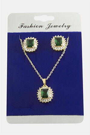 Dikdörtgen Zirkon Taşlı Set Kolye