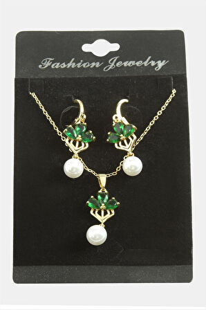 Çiçek İnci Zirkon Taşlı Set Kolye