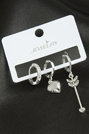 3 Adet Kalp Zirkon Taşlı Küpe