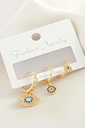 3 Adet Oval Nazar Zirkon Taşlı Küpe