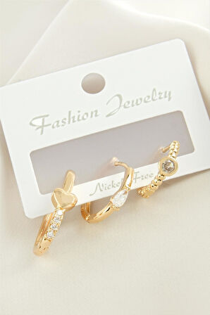 3 Adet Kalp Zirkon Taşlı Küpe