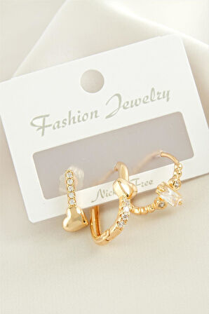 3 Adet Kalp Zirkon Taşlı Küpe