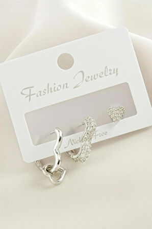 3 Adet Kalp Zirkon Taşlı Küpe