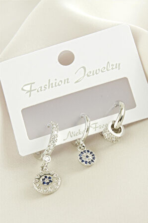 3 Adet Nazar Zirkon Taşlı Küpe