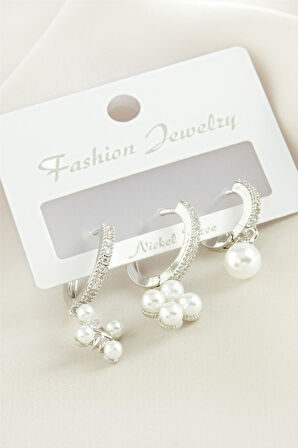 3 Adet Çiçek İnci Zirkon Taşlı Küpe