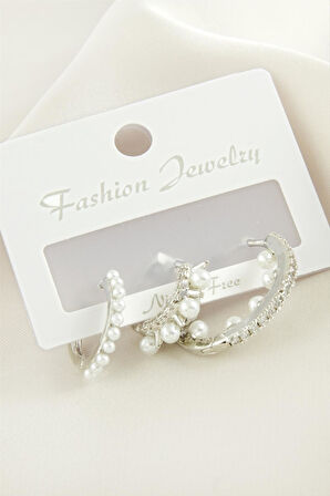 3 Adet Çivi İnci Zirkon Taşlı Küpe