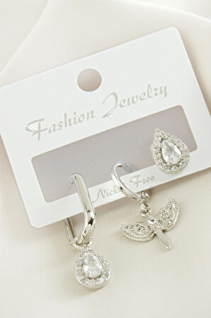 3 Adet Damla Zirkon Taşlı Küpe