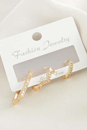 3 Adet Zikzak Zirkon Taşlı Küpe