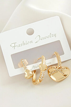 3 Adet Kalp Zirkon Taşlı Küpe