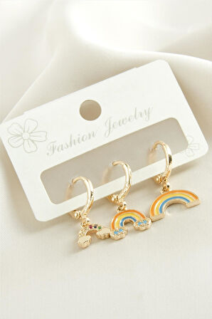 3 Adet Gökkuşağı Zirkon Taşlı Küpe