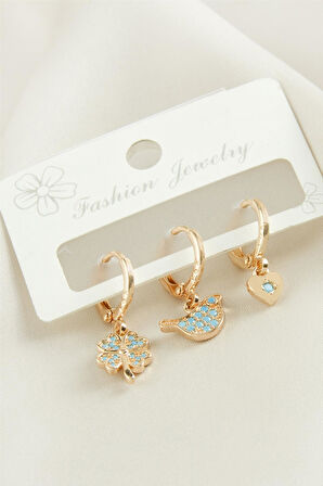 3 Adet Yonca Zirkon Taşlı Küpe