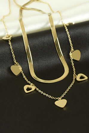 Kalp Lüks Çelik İkili Kolye