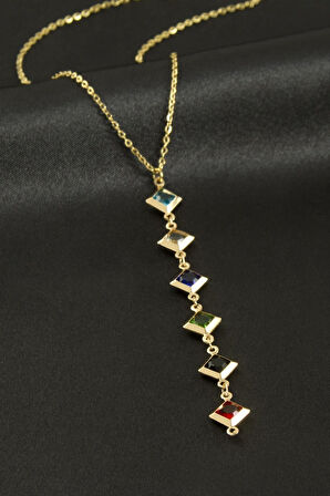 Kare Kristal Taşlı Çelik Kolye