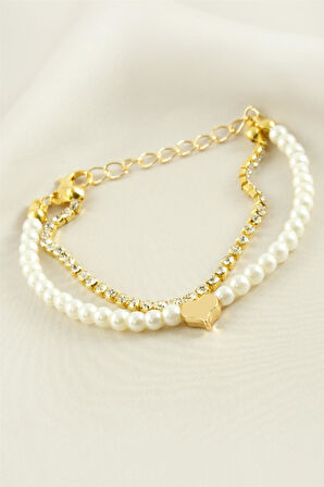 Kalp Şerit Taşlı İnci Bileklik