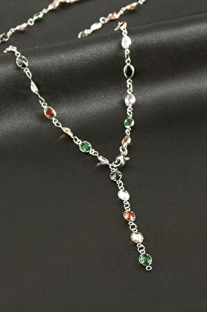 Oval Zirkon Taşlı Çelik Y Kolye