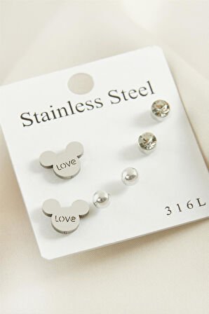 6 Adet Ayıcık Taşlı Çelik Küpe