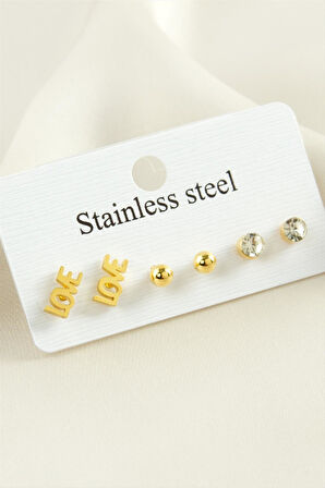 6 Adet Love Yazılı Taşlı Çelik Küpe