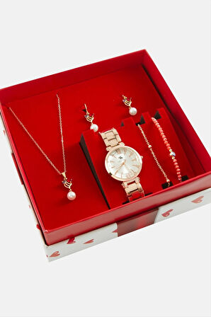 Metal Kadın Kol Saati ve Takı Seti Kombini