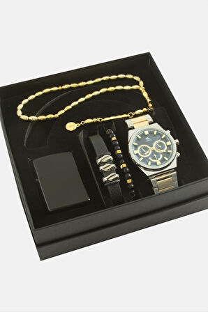Metal Kayışlı Kol Saati Tesbih Bileklik ve Çakmak Kutulu Set