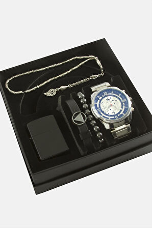 Metal Kayışlı Kol Saati Tesbih Bileklik ve Çakmak Kutulu Set