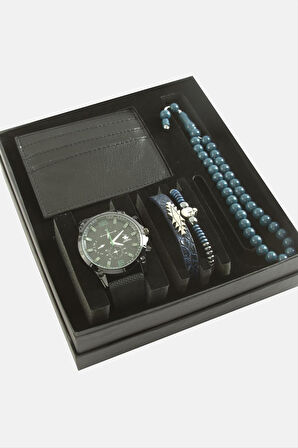Kayışlı Kol Saati Tesbih Bileklik ve Cüzdan Kutulu Set