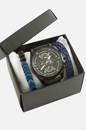 Kayışlı Erkek Kol Saati ve Kutulu Bileklik Kombini