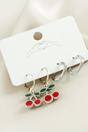 4 Adet Kiraz Mineli Halka Küpe