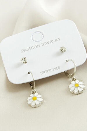 4 Adet Papatya Taşlı Mineli Halka Küpe